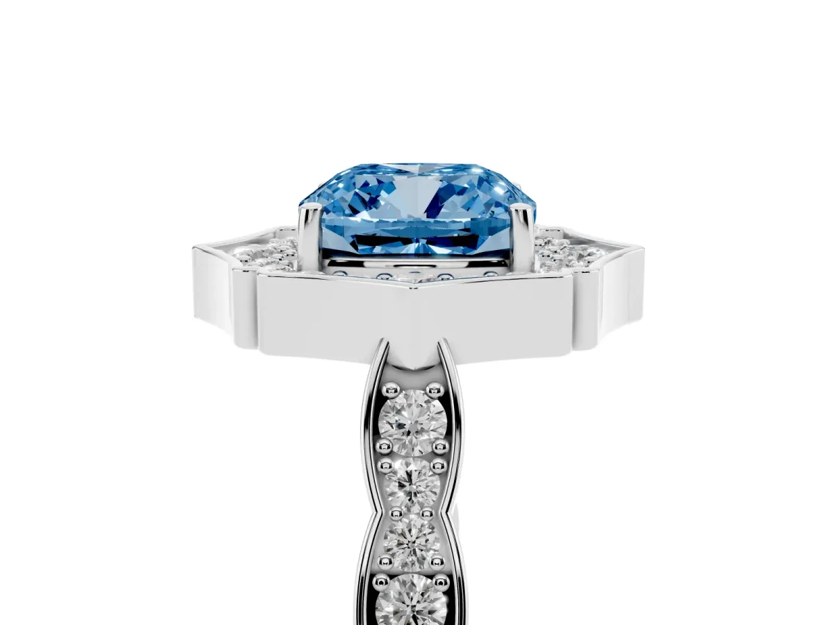 Fancy Blue Cushion Cut Halo Diamond Engagement Ring with Milgrain Band and Four-Prong Setting Platinum