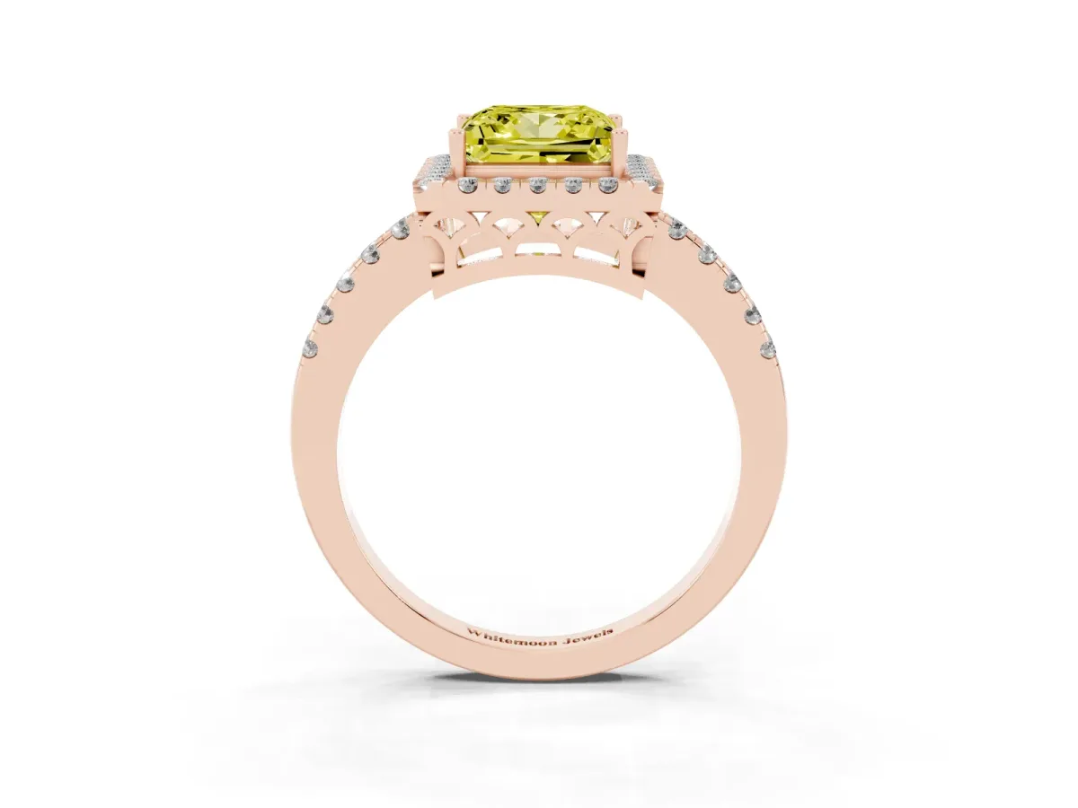 Fancy Yellow Princess Cut Halo Diamond Engagement Ring with Pavé Band and Four-Prong Setting Rose gold