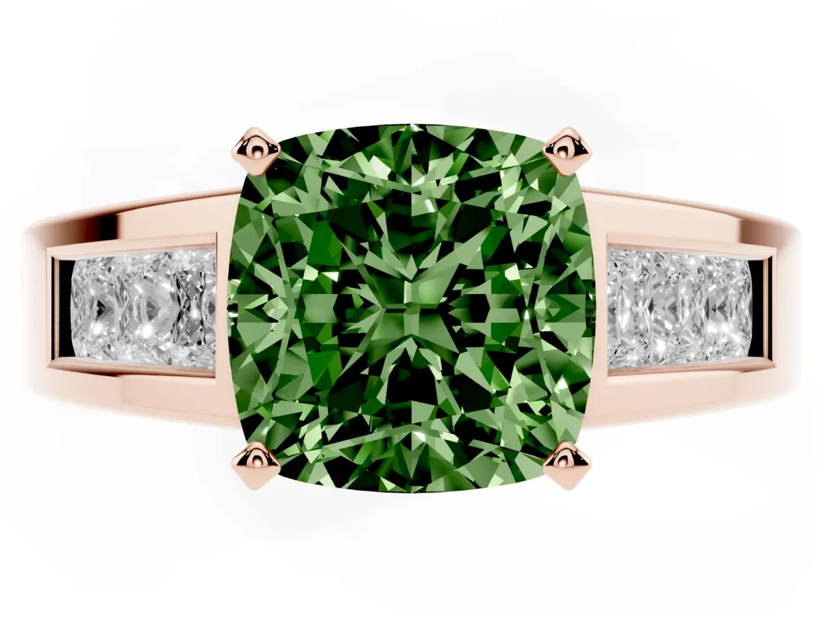 Fancy Green Cushion Cut Cut Channel Set Solitaire Ring with Four-Prong Setting Rose gold