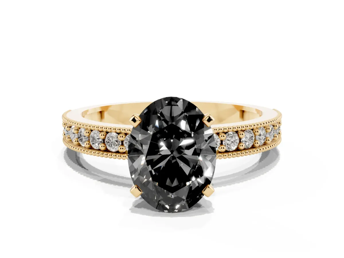 Fancy Black Oval Cut Diamond Milgrain Pavé Engagement Ring with Four-Prong Setting Yellow gold