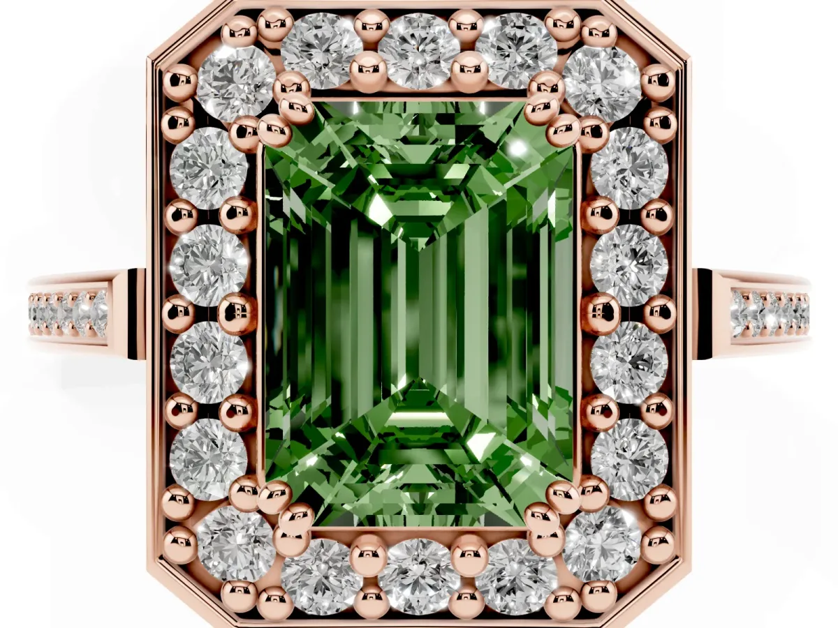 Fancy Green Emerald Cut Diamond Halo Ring with Split Shank and Four-Prong Setting Rose gold