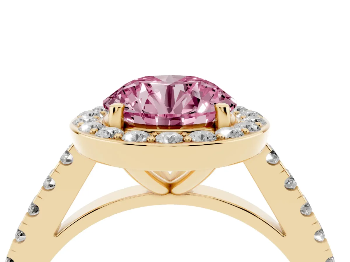 Fancy Pink Round Cut Diamond Halo Ring with Round Pavé Split Shank and Prong Setting Yellow gold