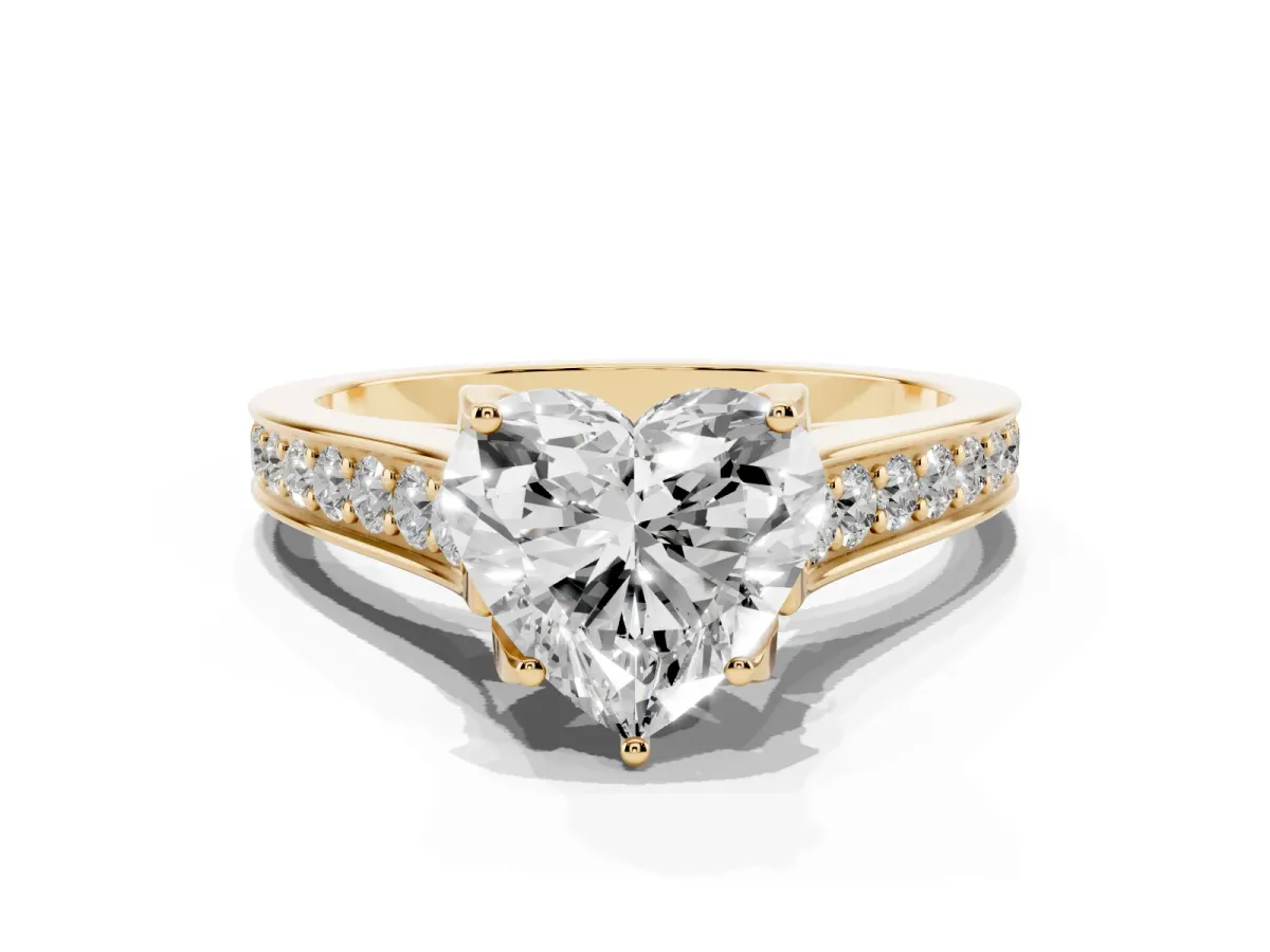 Heart Cut Brilliant Cut Diamond Engagement Ring with Pavé Band and Four-Prong Setting Yellow gold