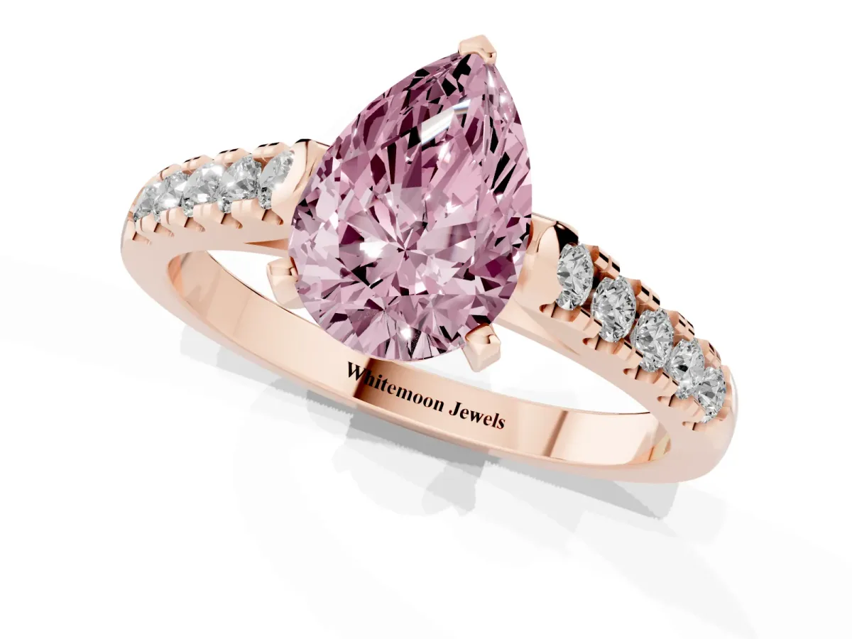 Fancy Pink Pear Cut Diamond Pavé Band Solitaire Ring with Prong Setting Rose gold