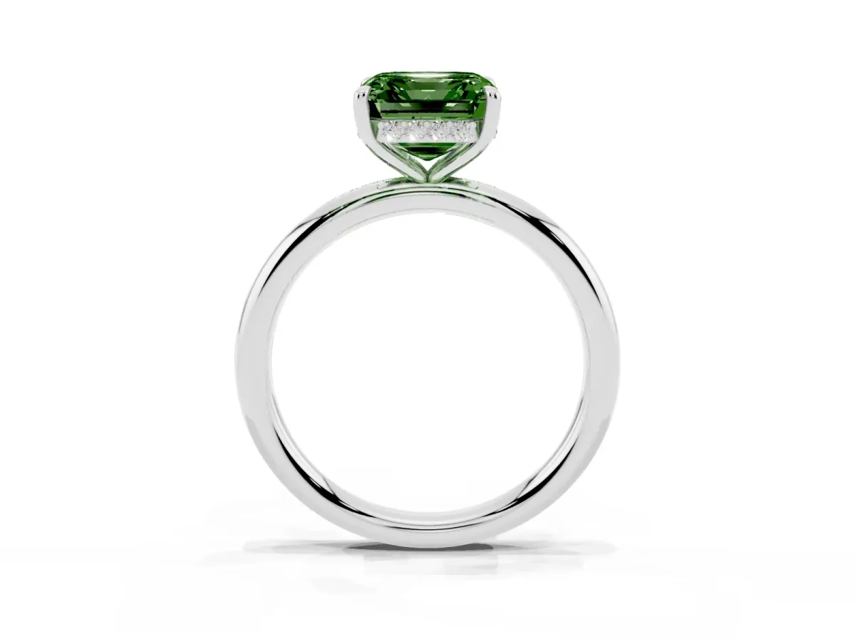 Fancy Green Asscher Cut Diamond Solitaire Ring with Thin Band and Four-Prong Setting Silver