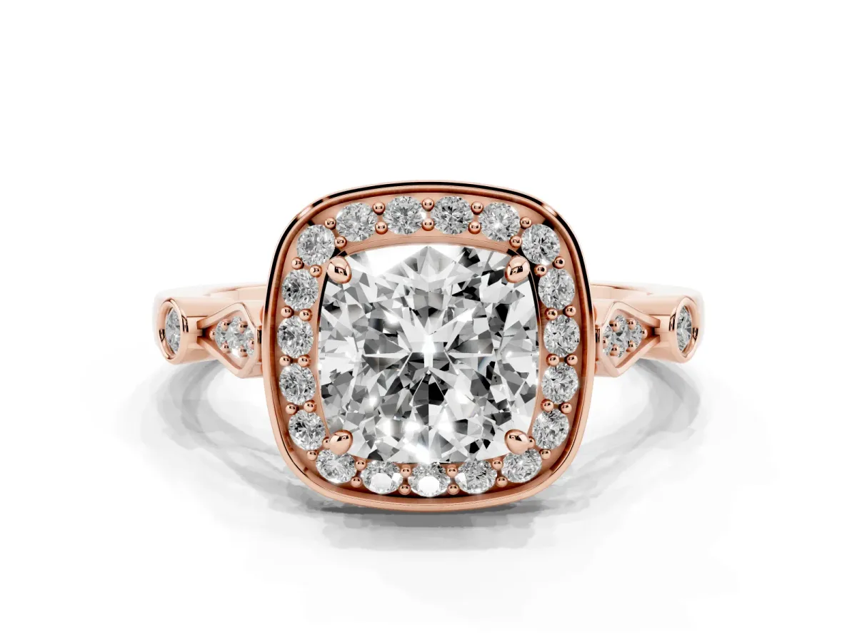 Cushion Cut Halo Diamond Engagement Ring with Twisted Band and Four-Prong Setting Rose gold