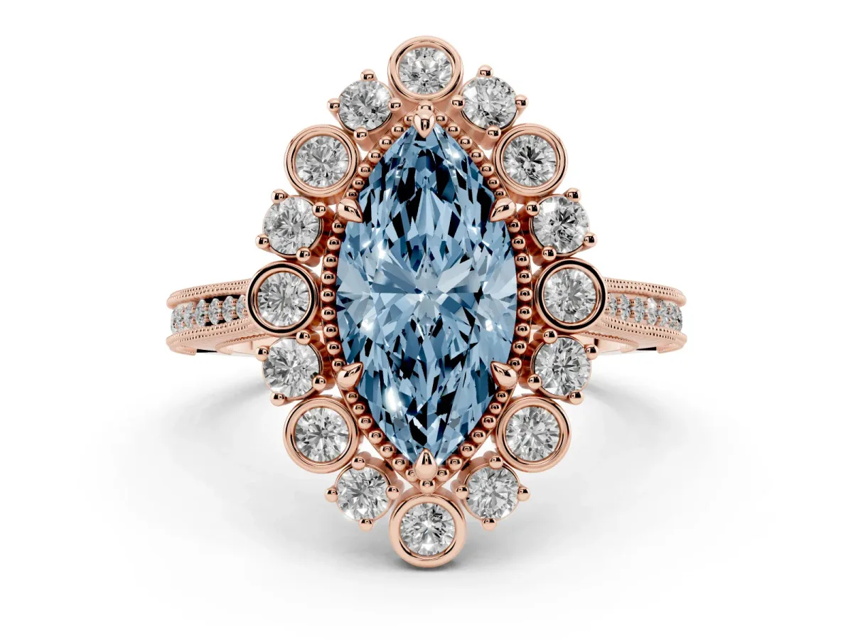 Fancy Blue Marquise Cut Halo Milgrain Pave Diamond Ring with Four-Prong Setting Rose gold