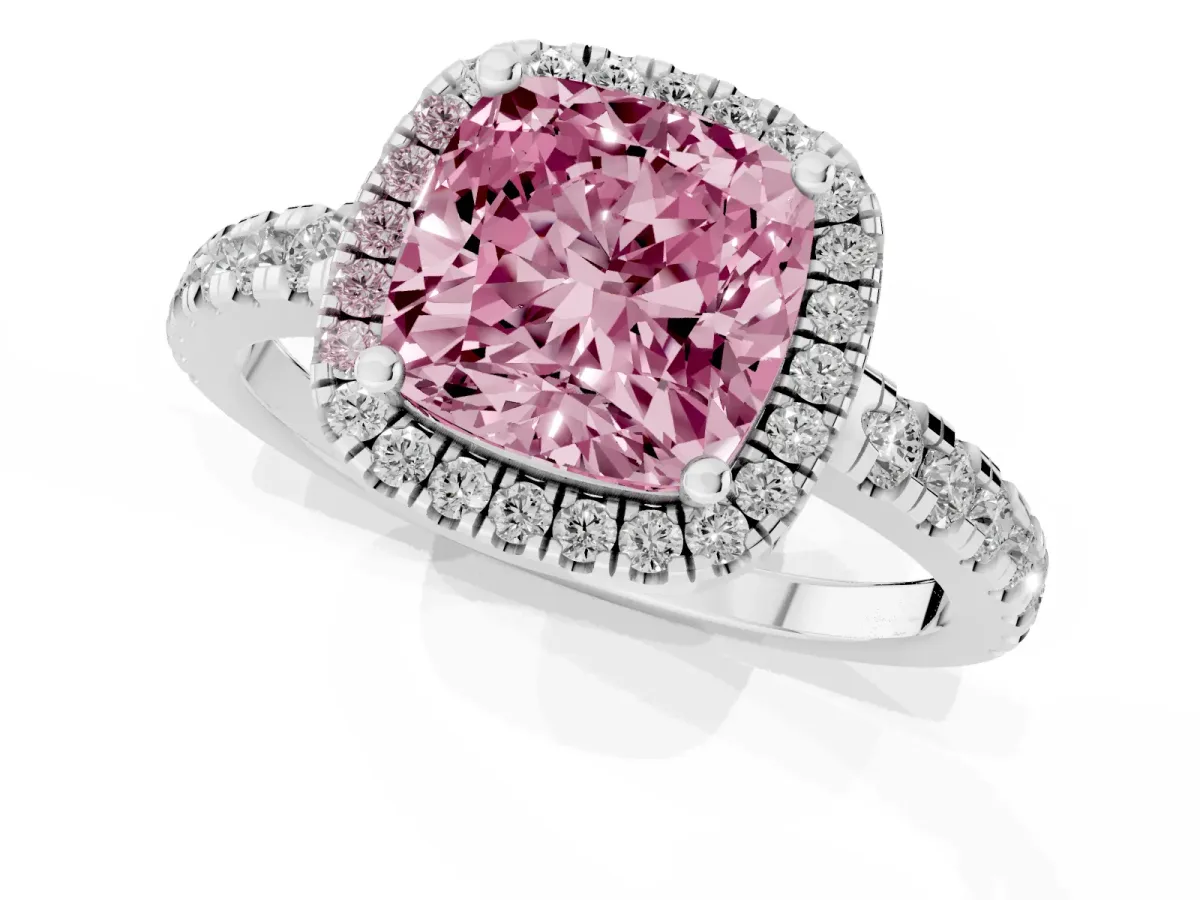 Fancy Pink Cushion Cut Diamond Halo Ring with Pavé Band and Four-Prong Setting Platinum
