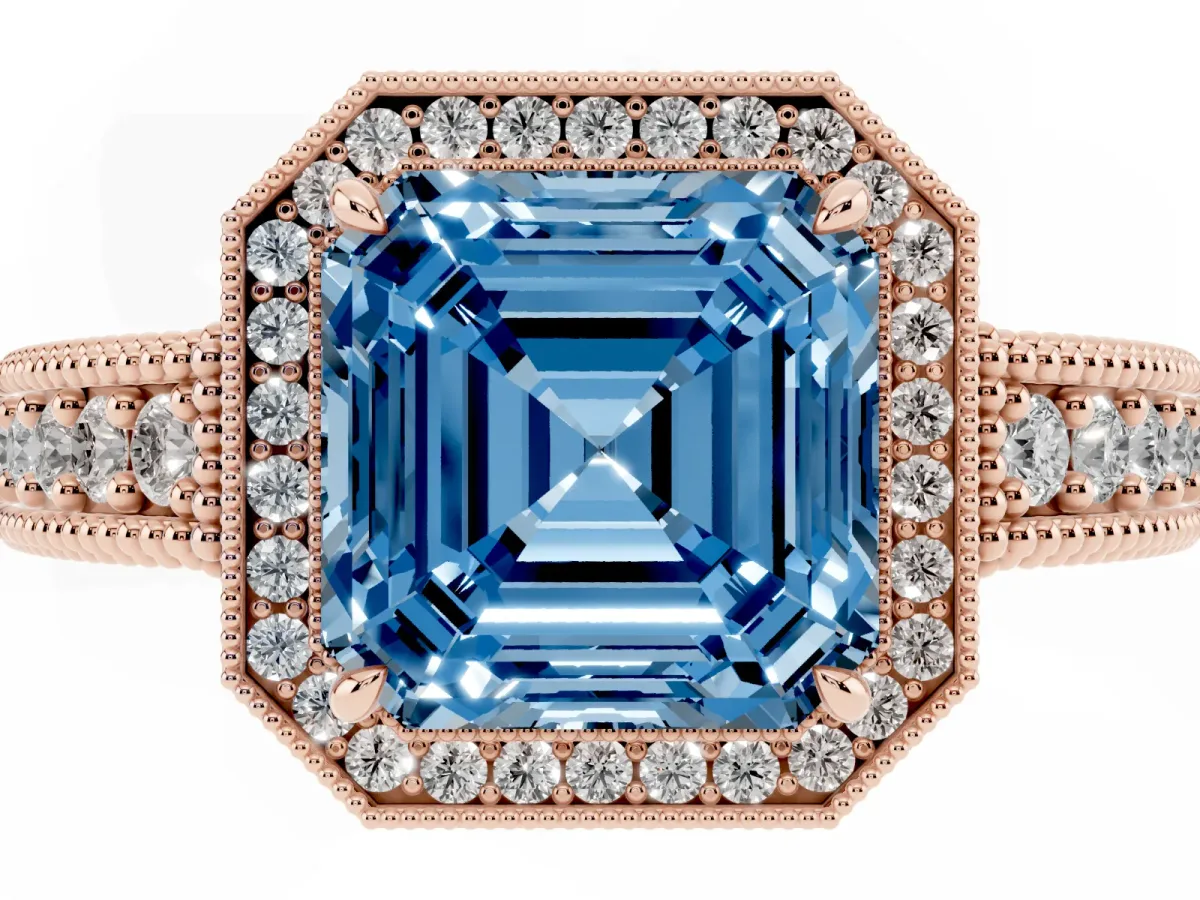 Fancy Blue Asscher Cut Cut Halo Diamond Ring with Pavé Band and Four-Prong Setting Rose gold