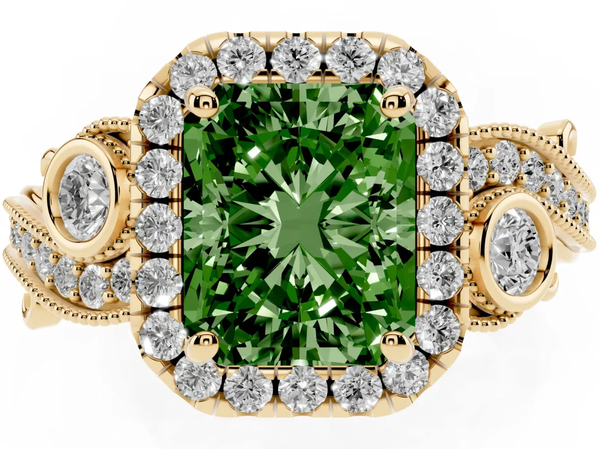 Fancy Green Radiant Cut Diamond Halo Ring with Milgrain Pavé Band and Four-Prong Setting Yellow gold