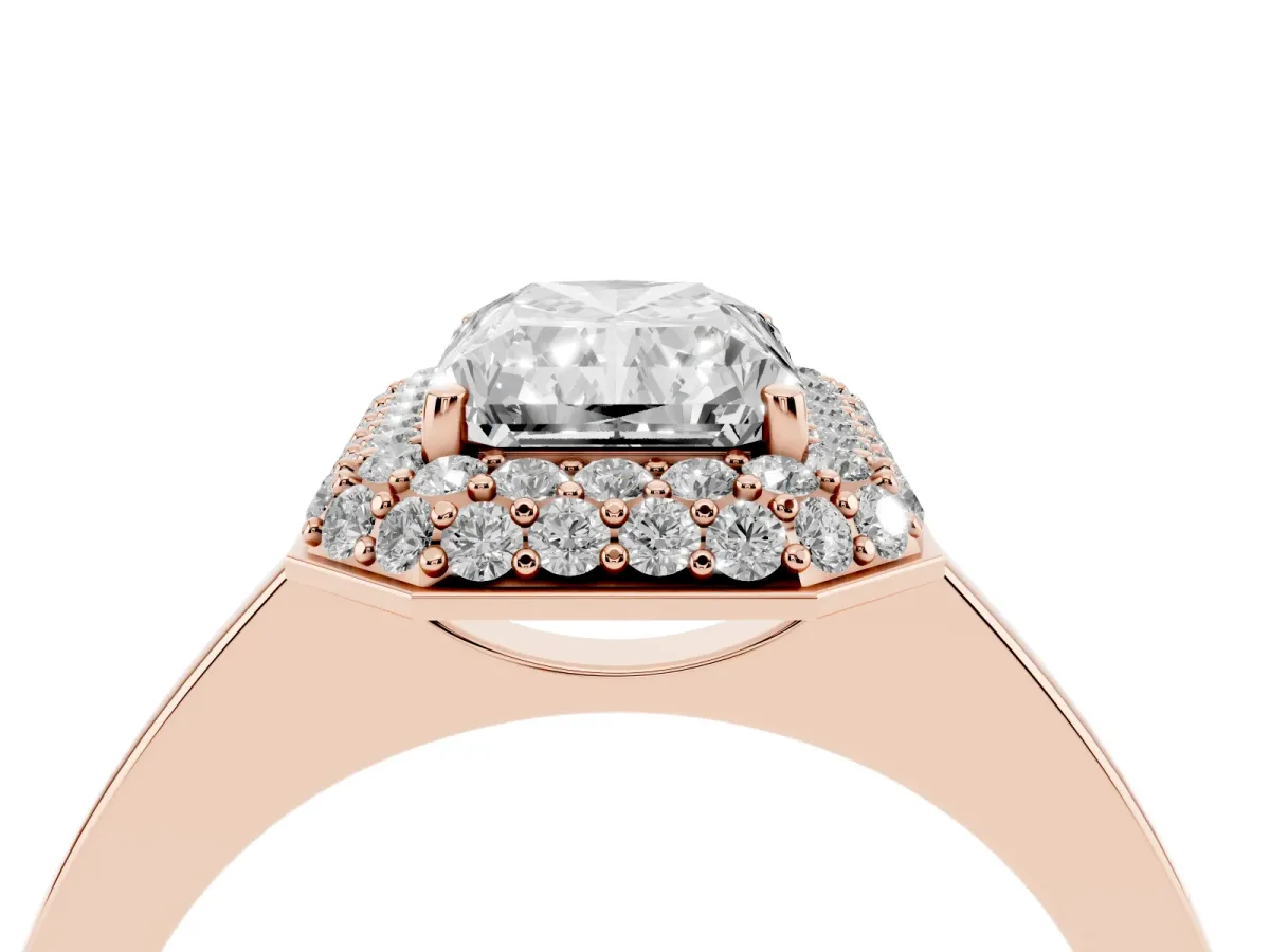 Radiant Cut Halo Diamond Engagement Ring with Solitaire Band and Four-Prong Setting Rose gold