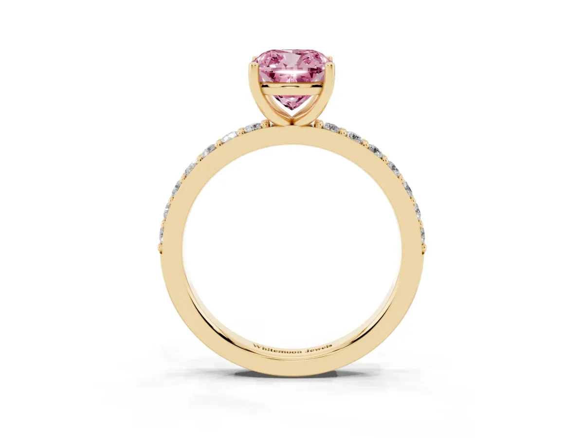 Fancy Pink Cushion Cut Cut Diamond Solitaire with Pave Band and Four-Prong Setting Yellow gold