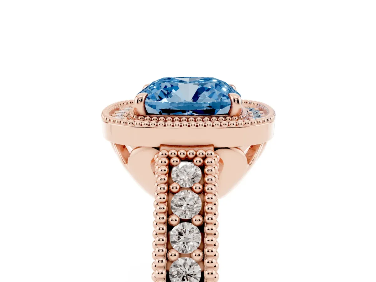 Fancy Blue Cushion Cut Cut Halo Diamond Ring with Pavé Band and Four-Prong Setting Rose gold
