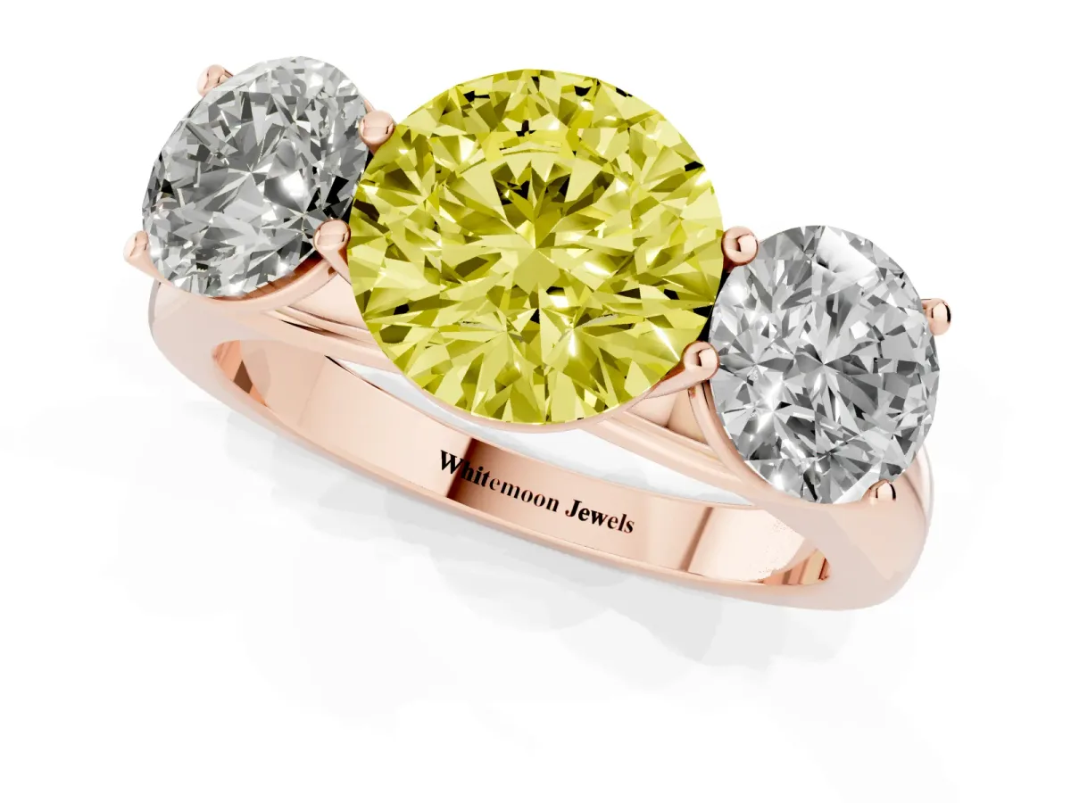 Fancy Yellow Round Cut Three-Stone Diamond Ring with Prong Setting on a Classic Band Rose gold