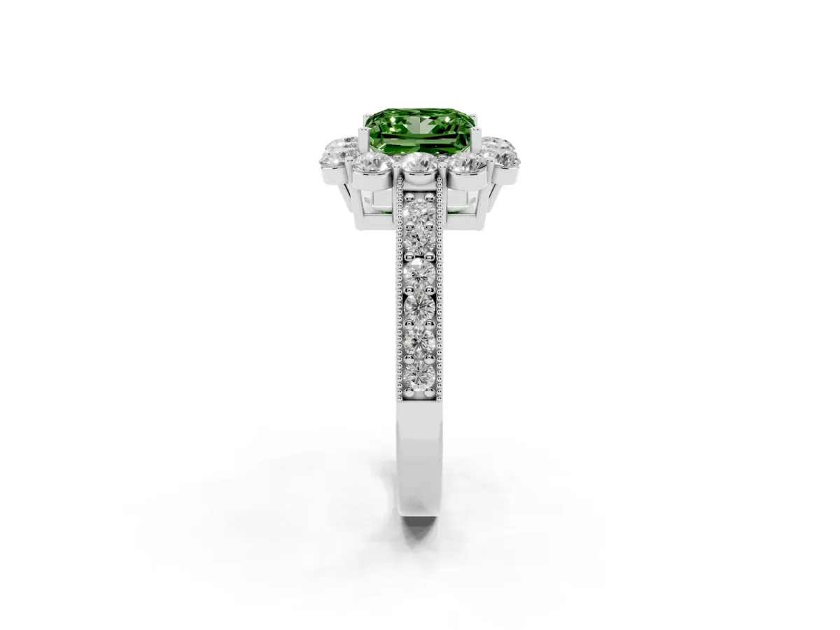 Fancy Green Princess Cut Cut Halo Diamond Pavé Engagement Ring with Milgrain Detailing Silver