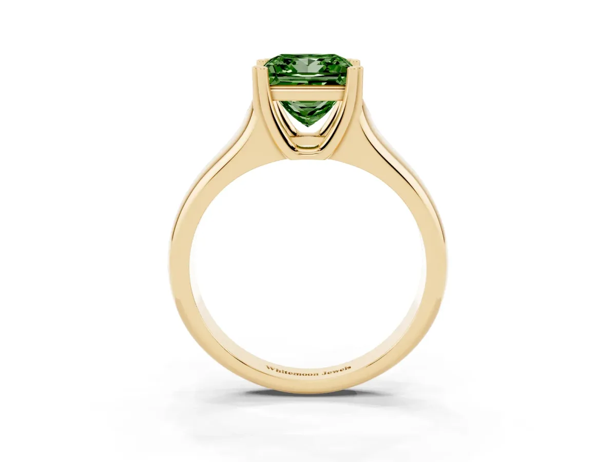 Fancy Green Princess Cut Diamond Solitaire Ring with Wide Band and Prong Setting Yellow gold