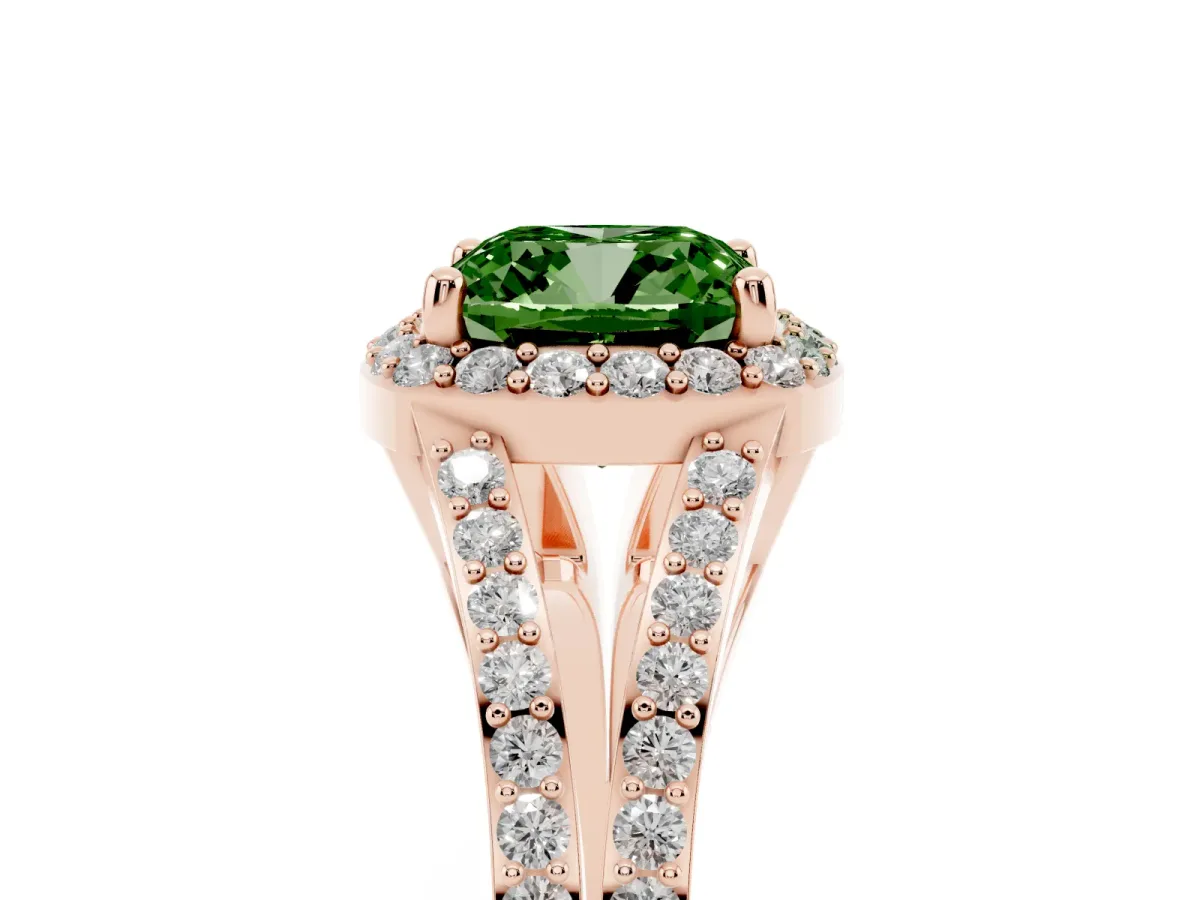 Fancy Green Cushion Cut Halo Split Shank Diamond Ring with Prong Setting Rose gold