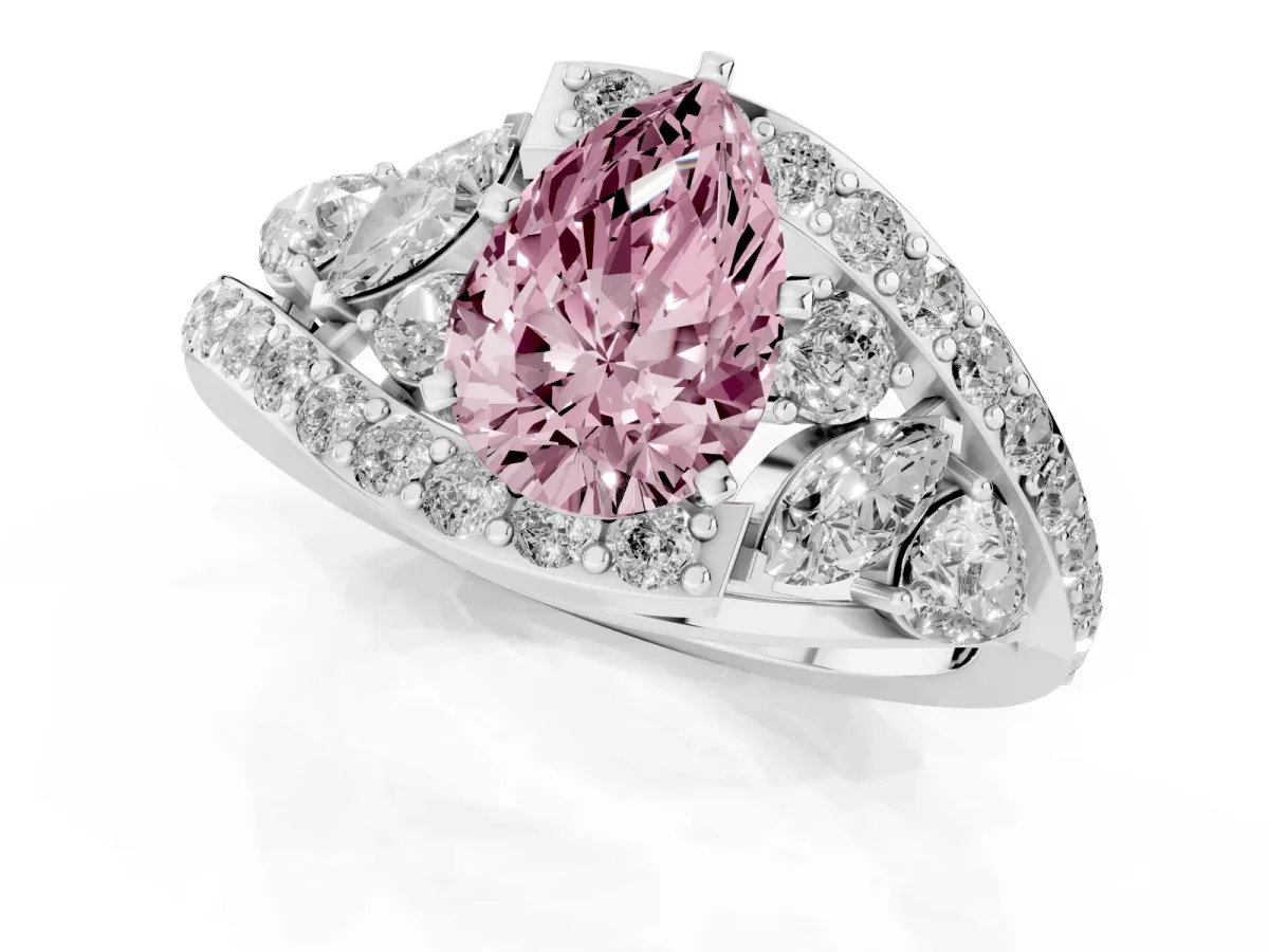 Fancy Pink Pear Cut Diamond Halo Ring with Marquise and Pavé Band in Prong Setting Platinum