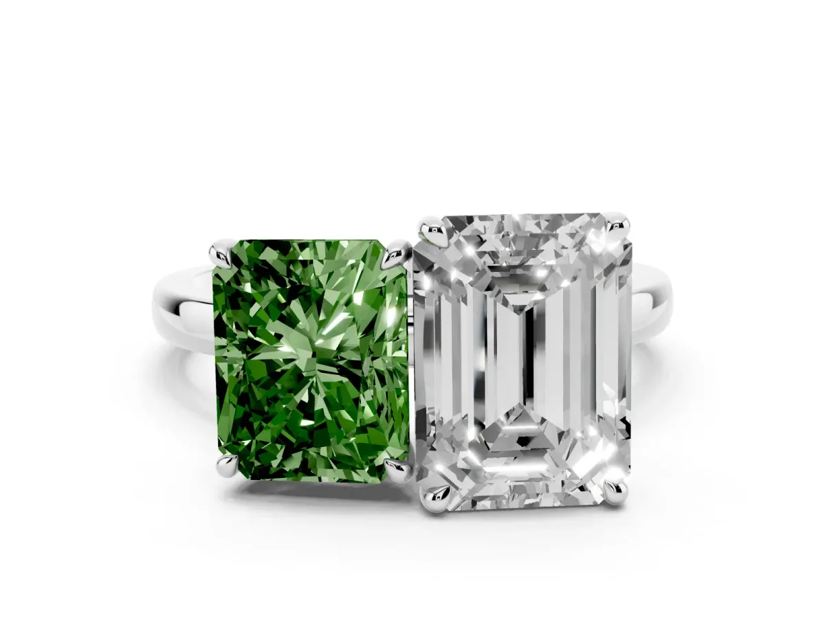 Fancy Green Radiant Cut and Emerald Cut Toi Moi Ring with Prong Setting Platinum