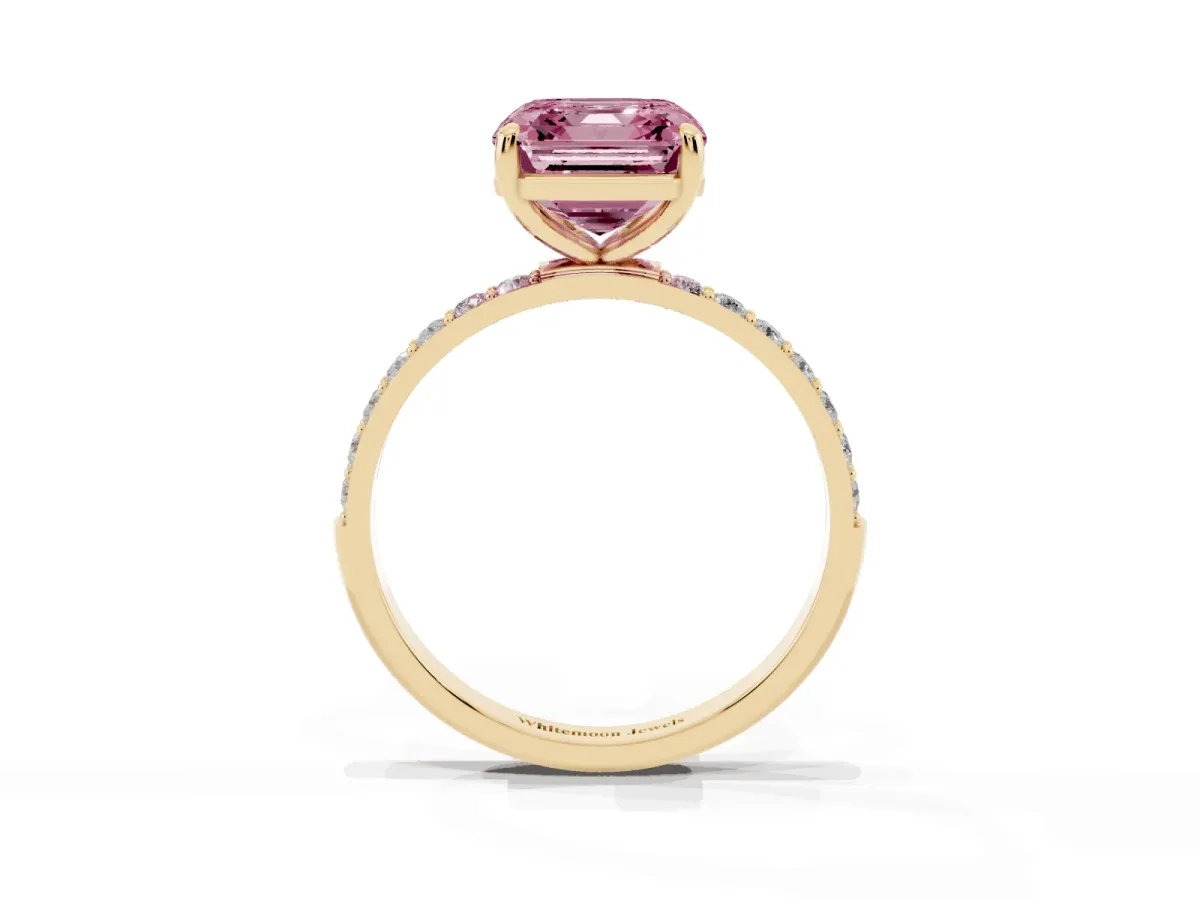 Fancy Pink Asscher Cut Diamond Solitaire Ring with Round Pavé Band and Prong Setting Yellow gold