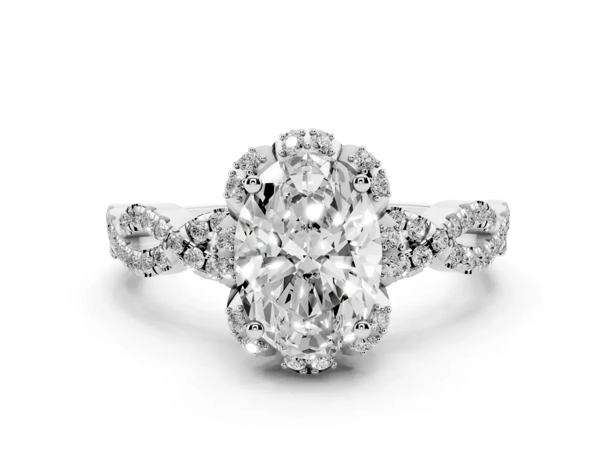 Oval Cut Halo Twist Band Solitaire Ring with Six-Prong Setting Platinum
