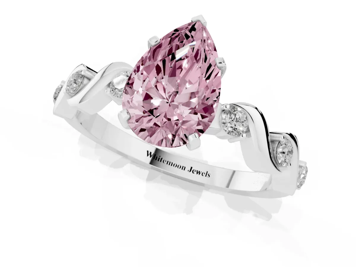 Fancy Pink Pear Cut Diamond Solitaire Twisted Band with Round Accents and Prong Setting Platinum