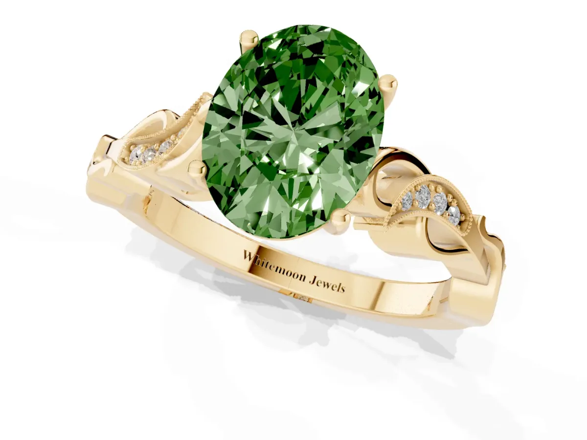 Fancy Green Oval Cut Solitaire Vine Band with Milgrain Prong Setting Yellow gold