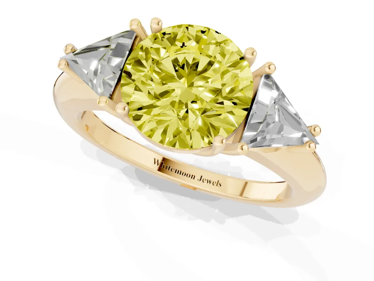 Fancy Yellow Three-Stone Round Cut Diamond Engagement Ring with Trillion Side Stones and Prong Setting Yellow gold