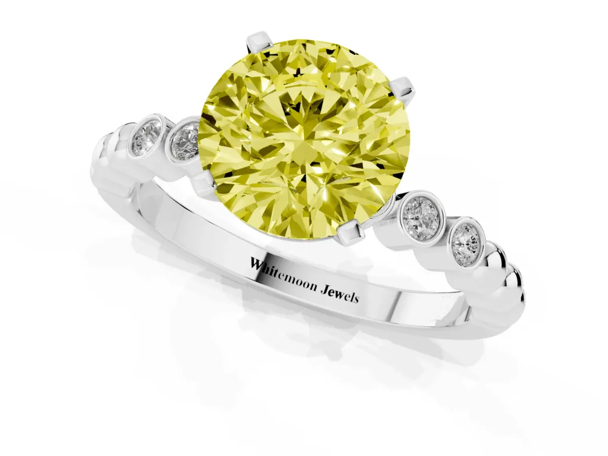 Fancy Yellow Round Cut Solitaire Bezel Accent Diamond Engagement Ring with Beaded Band and Four-Prong Setting Silver