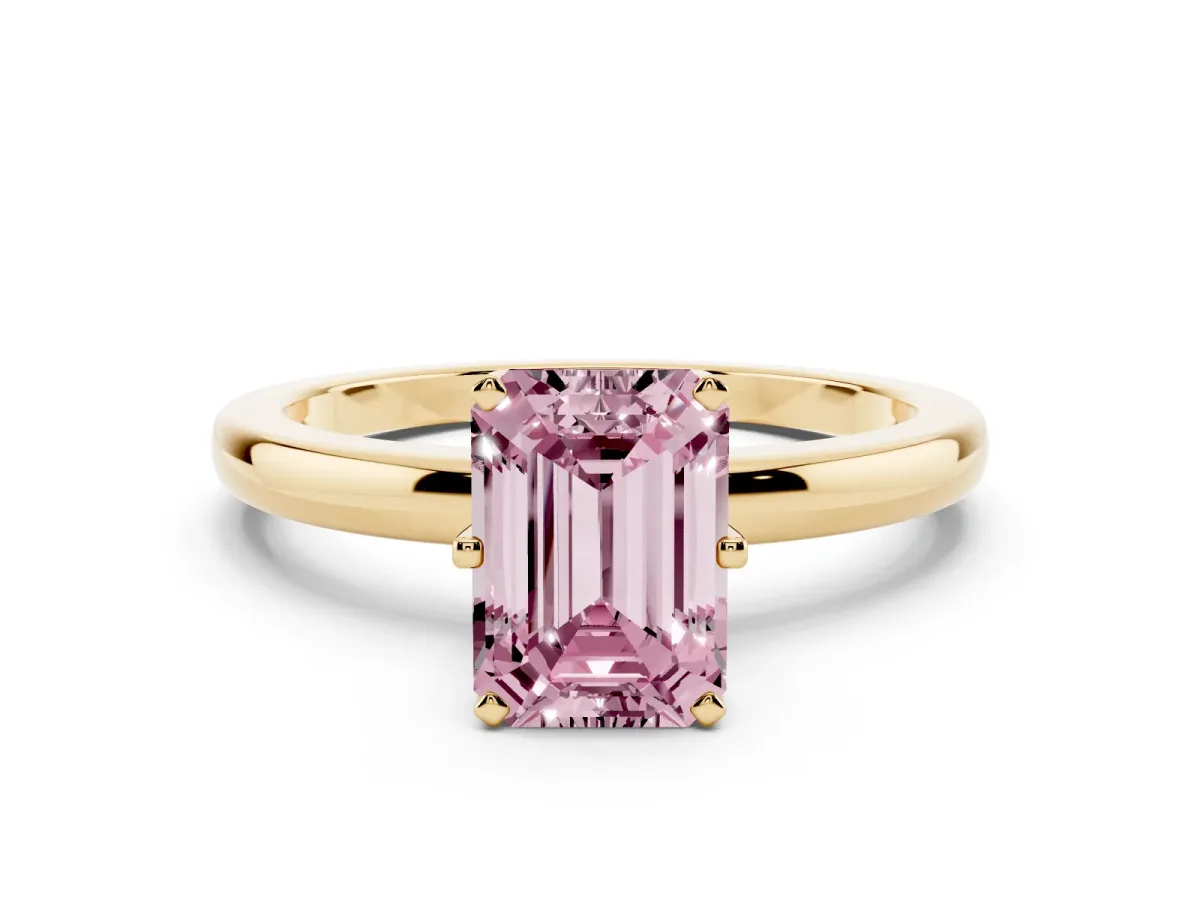 Fancy Pink Emerald Cut Solitaire Diamond Ring with Six-Prong Setting on a Classic Band Yellow gold