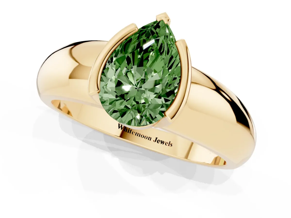 Fancy Green Pear Cut Solitaire Tension Set Diamond Ring with Wide Band Yellow gold