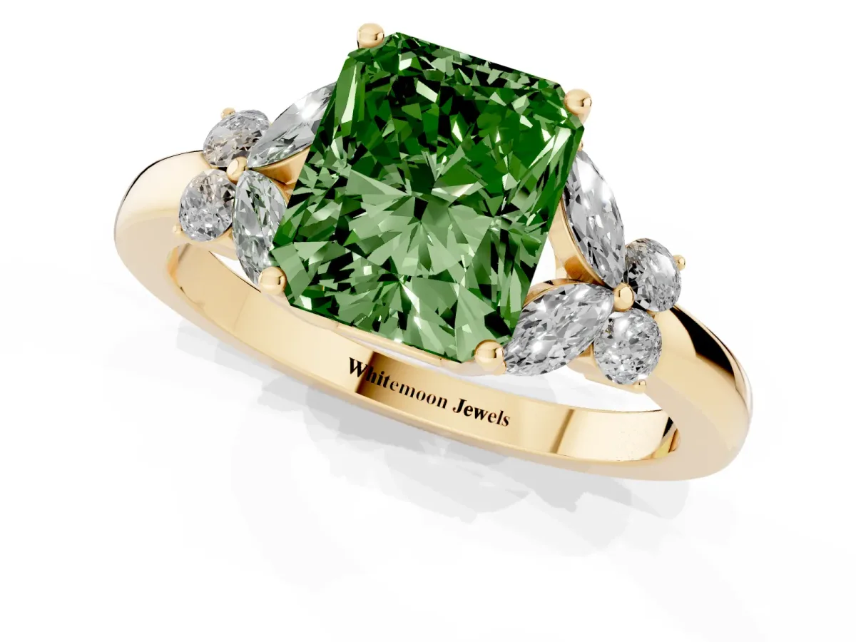 Fancy Green Radiant Cut Cut Solitaire Floral Diamond Ring with Four-Prong Setting Yellow gold