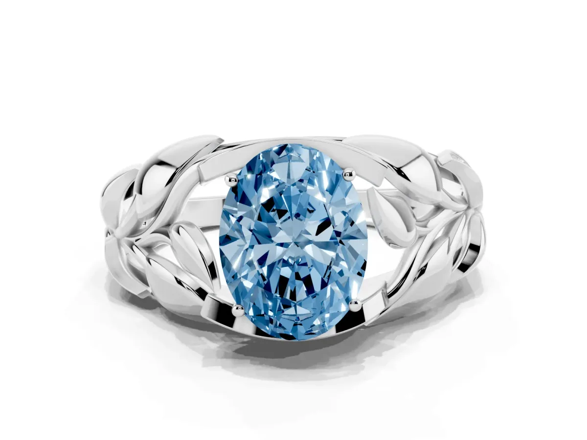 Fancy Blue Oval Cut Diamond Leaf-Inspired Engagement Ring with Round Accents and Prong Setting Silver