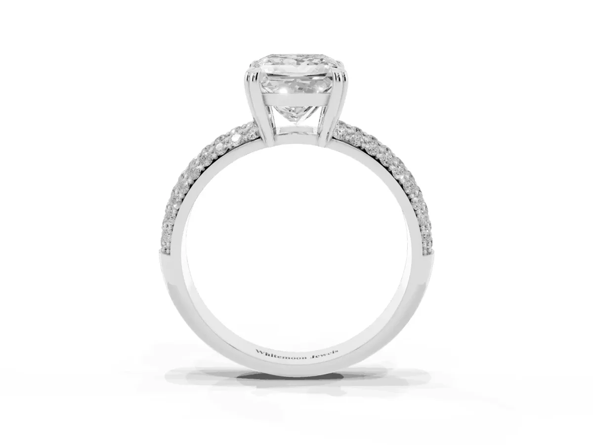Princess Cut Diamond Solitaire Ring with Multi-Row Round Pavé Band and Prong Setting Silver