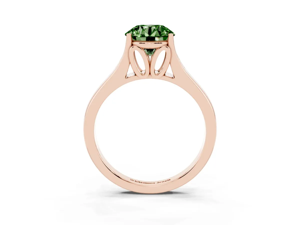 Fancy Green Round Cut Solitaire Diamond Ring with Cathedral Band and Four-Prong Setting Rose gold