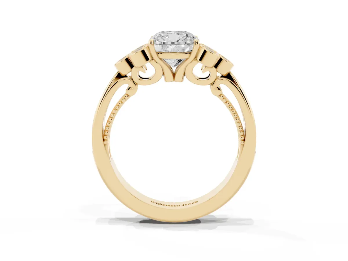 Cushion Cut Cut Diamond Engagement Ring with Bezel Set Round Side Stones and Prong Setting Yellow gold
