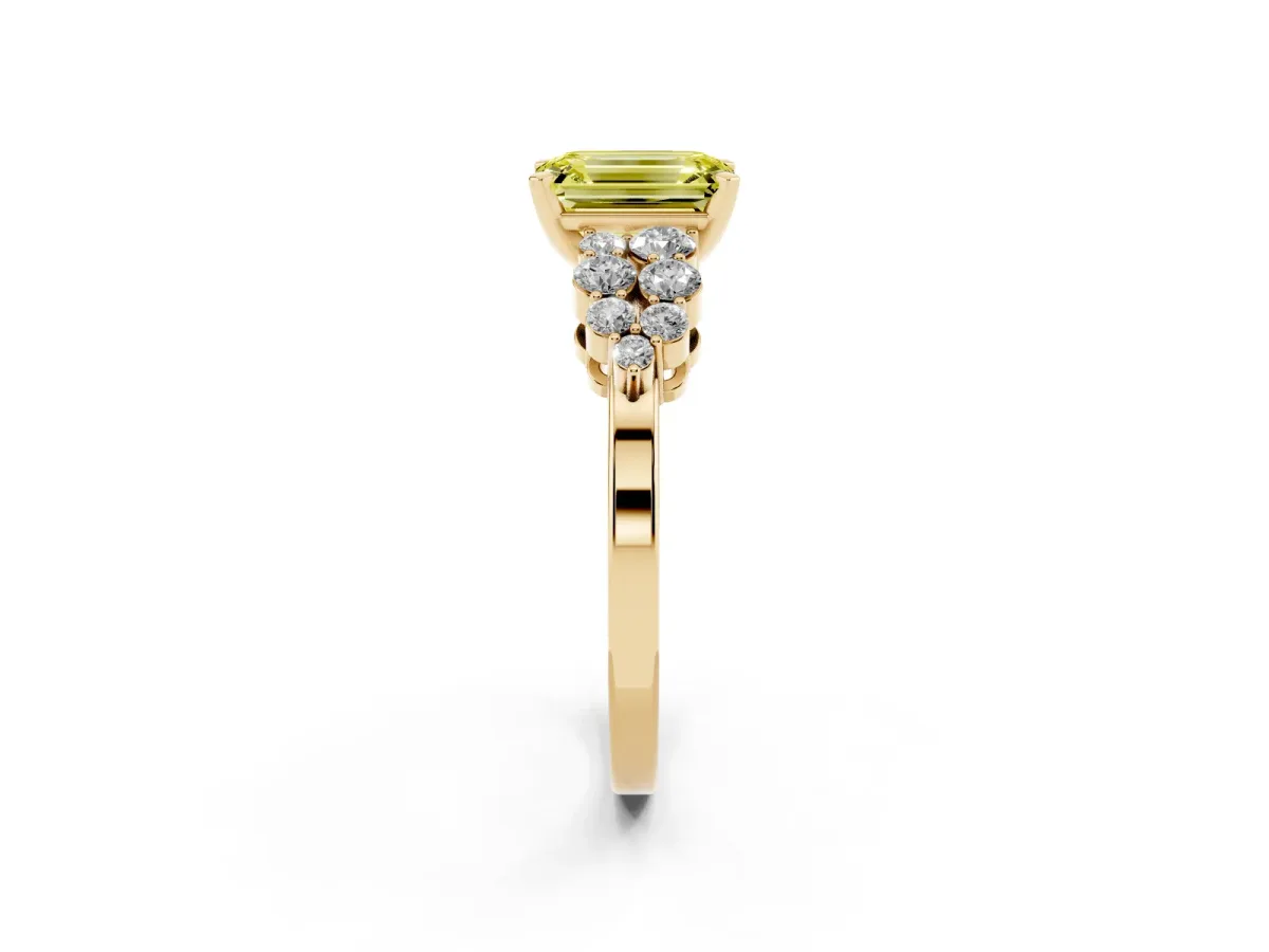 Fancy Yellow Emerald Cut Cluster Diamond Engagement Ring with Pavé Band and Four-Prong Setting Yellow gold