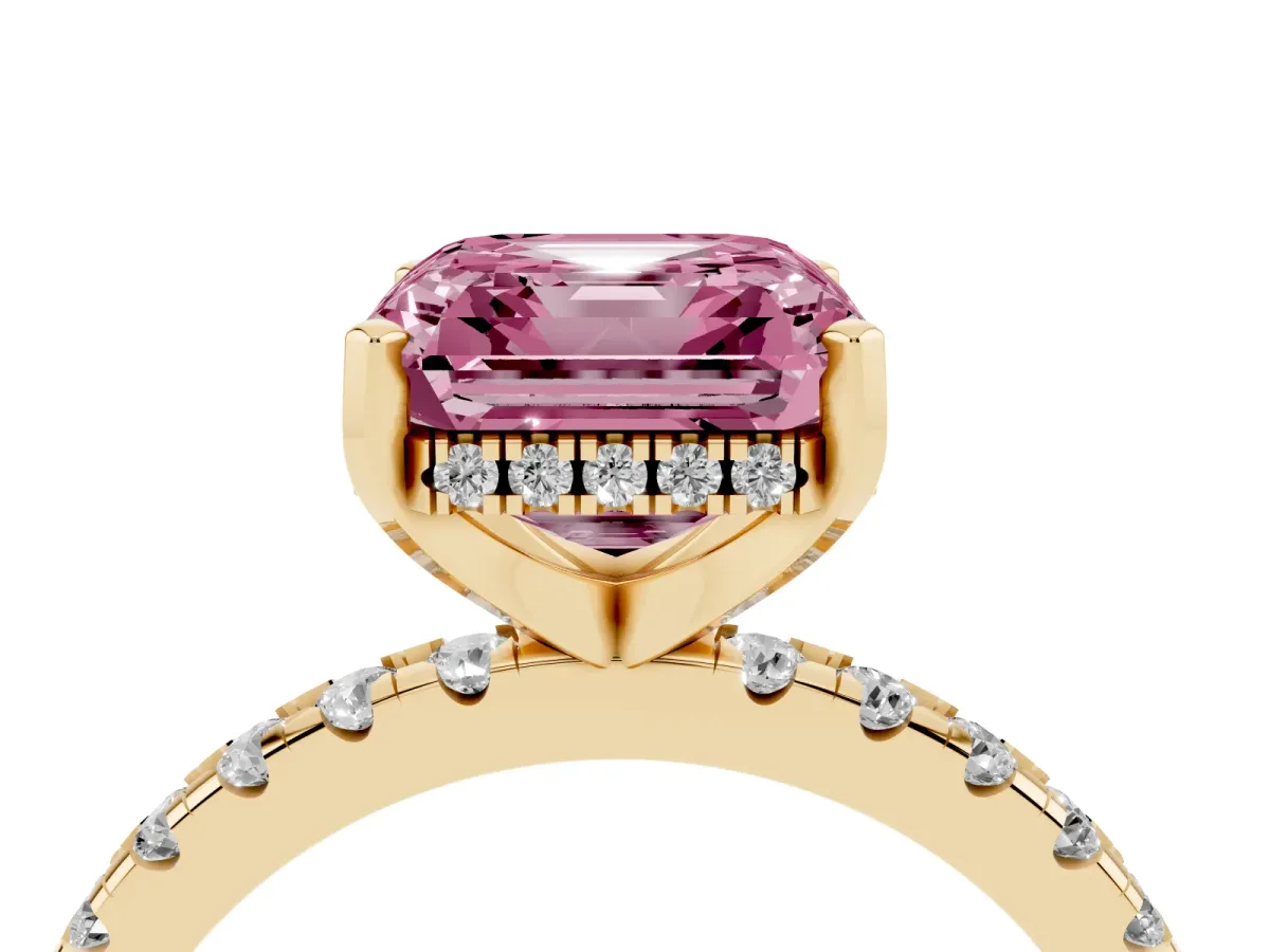 Fancy Pink Asscher Cut Diamond Solitaire Ring with Round Pavé Band and Four-Prong Setting Yellow gold