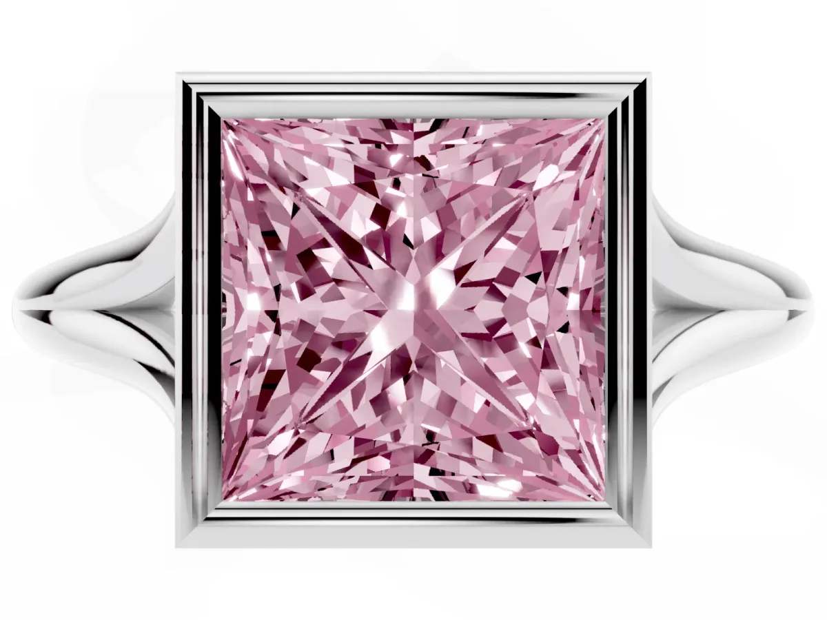 Fancy Pink Bezel Set Princess Cut Cut Solitaire Ring with Tapered Band Silver