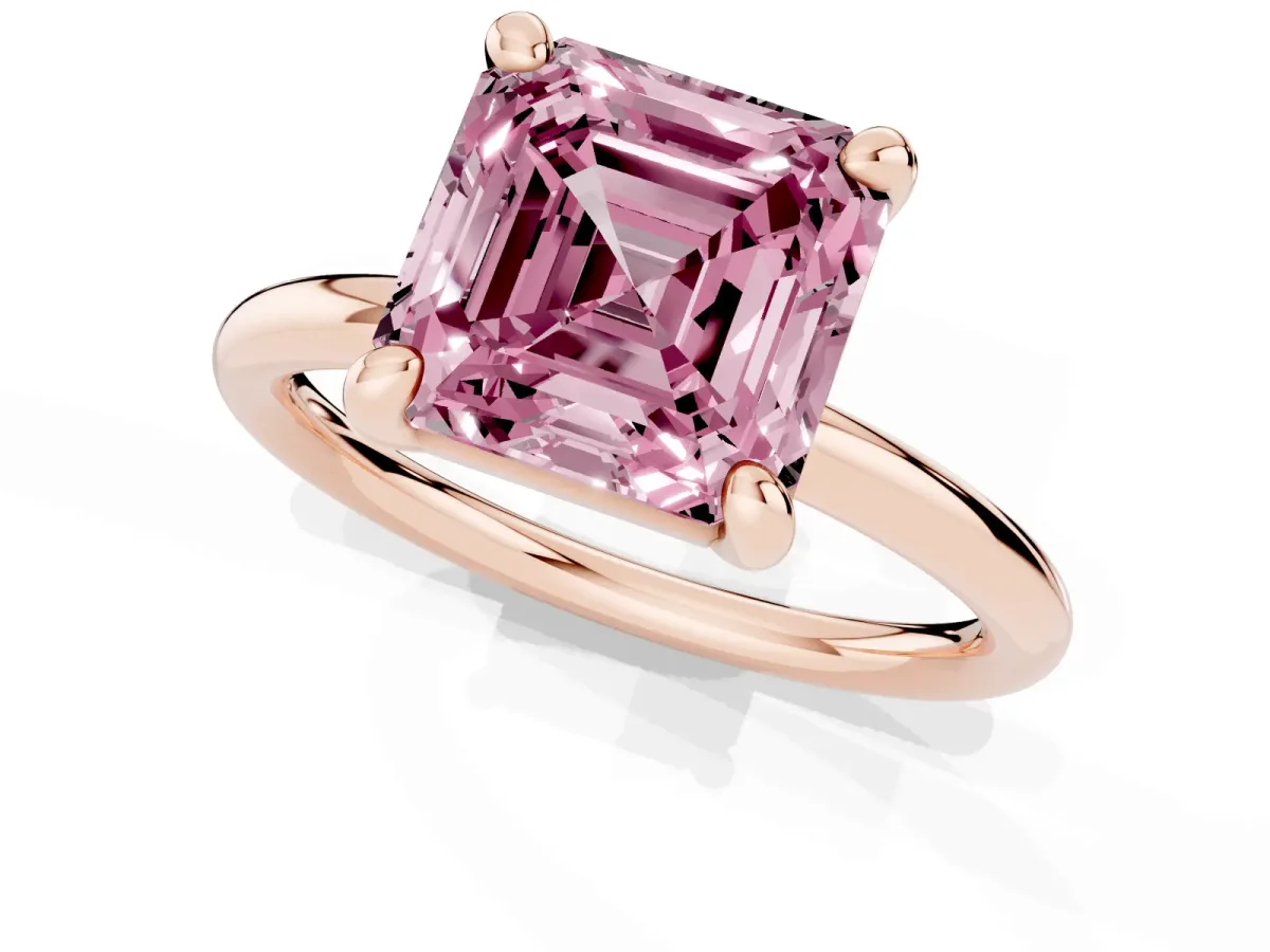 Fancy Pink Asscher Cut Solitaire Diamond Ring with Four-Prong Setting on a Plain Band Rose gold