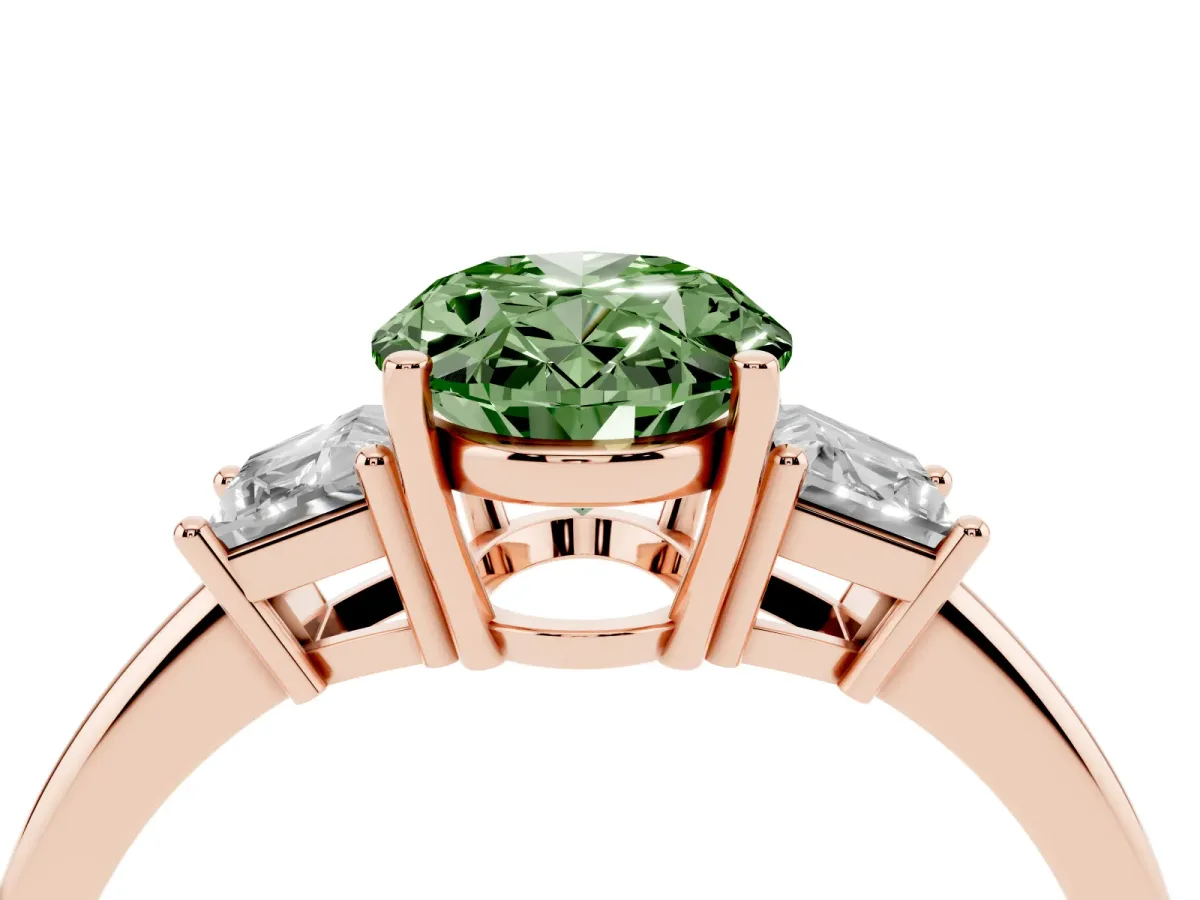 Fancy Green Oval Cut Diamond Three-Stone Ring with Trapezoid Side Stones and Prong Setting Rose gold