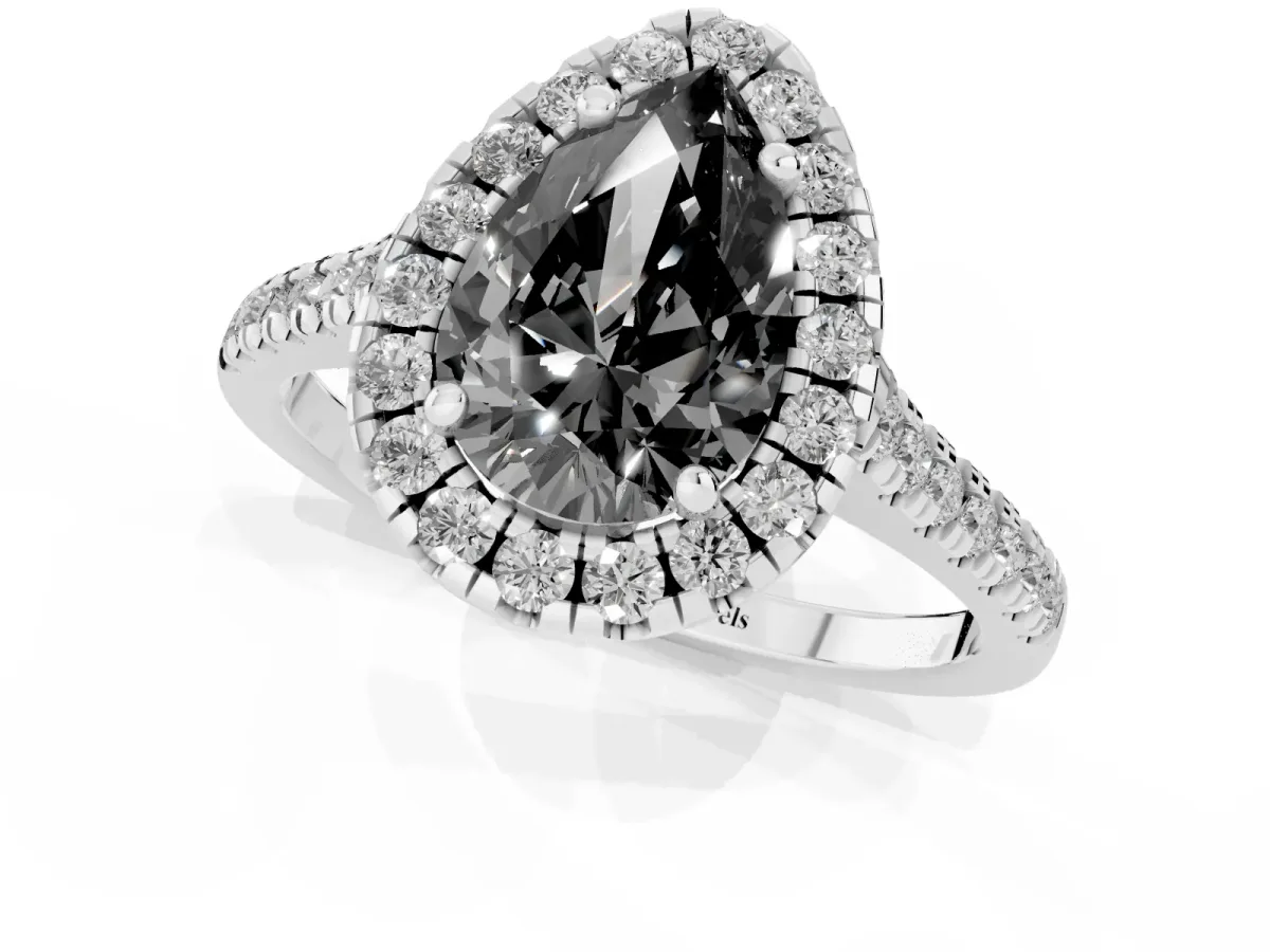Fancy Black Pear Cut Diamond Cushion Halo Ring with Pavé Band Silver