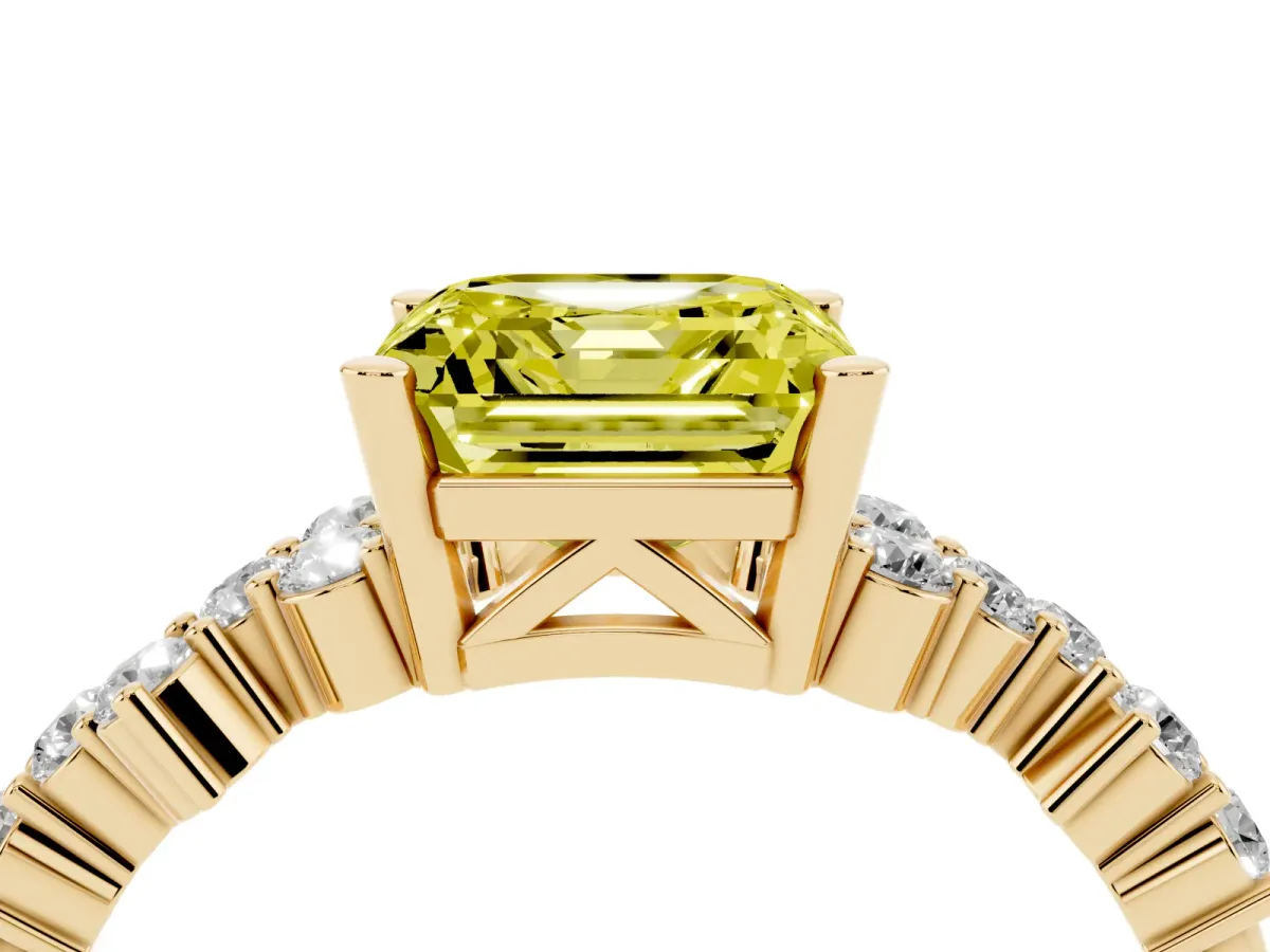 Fancy Yellow Asscher Cut Diamond Scattered Round Accent Ring with Prong Setting Yellow gold