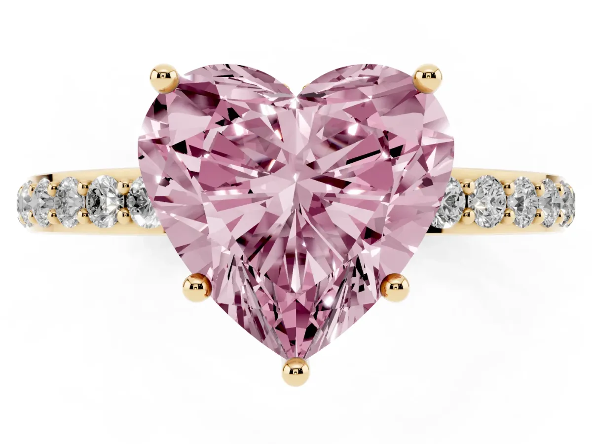 Fancy Pink Heart Cut Diamond Solitaire Ring with Pavé Band and Hidden Halo Yellow gold