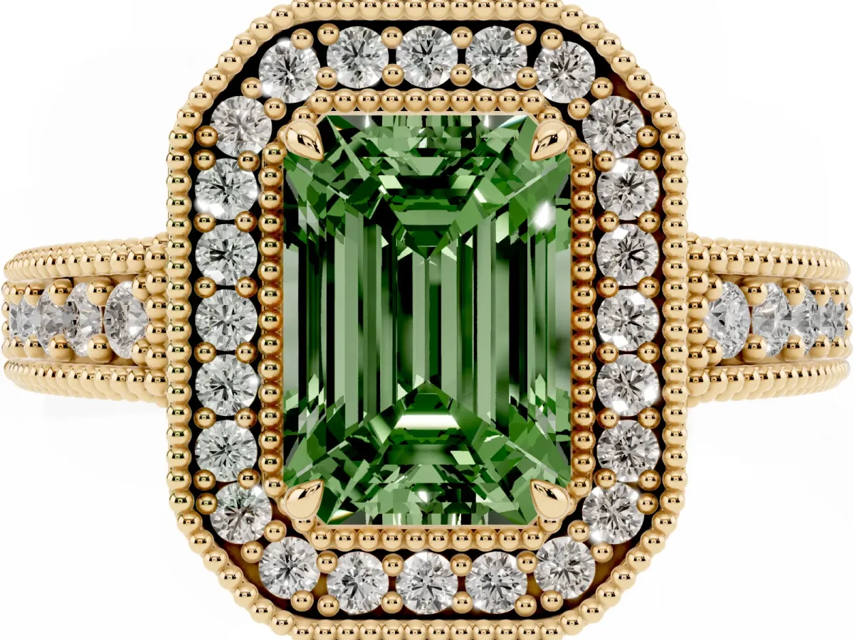 Fancy Green Emerald Cut Cut Halo Diamond Ring with Pavé Band and Four-Prong Setting Yellow gold