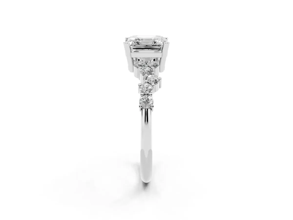 Asscher Cut Diamond Scattered Round Accent Ring with Prong Setting White gold