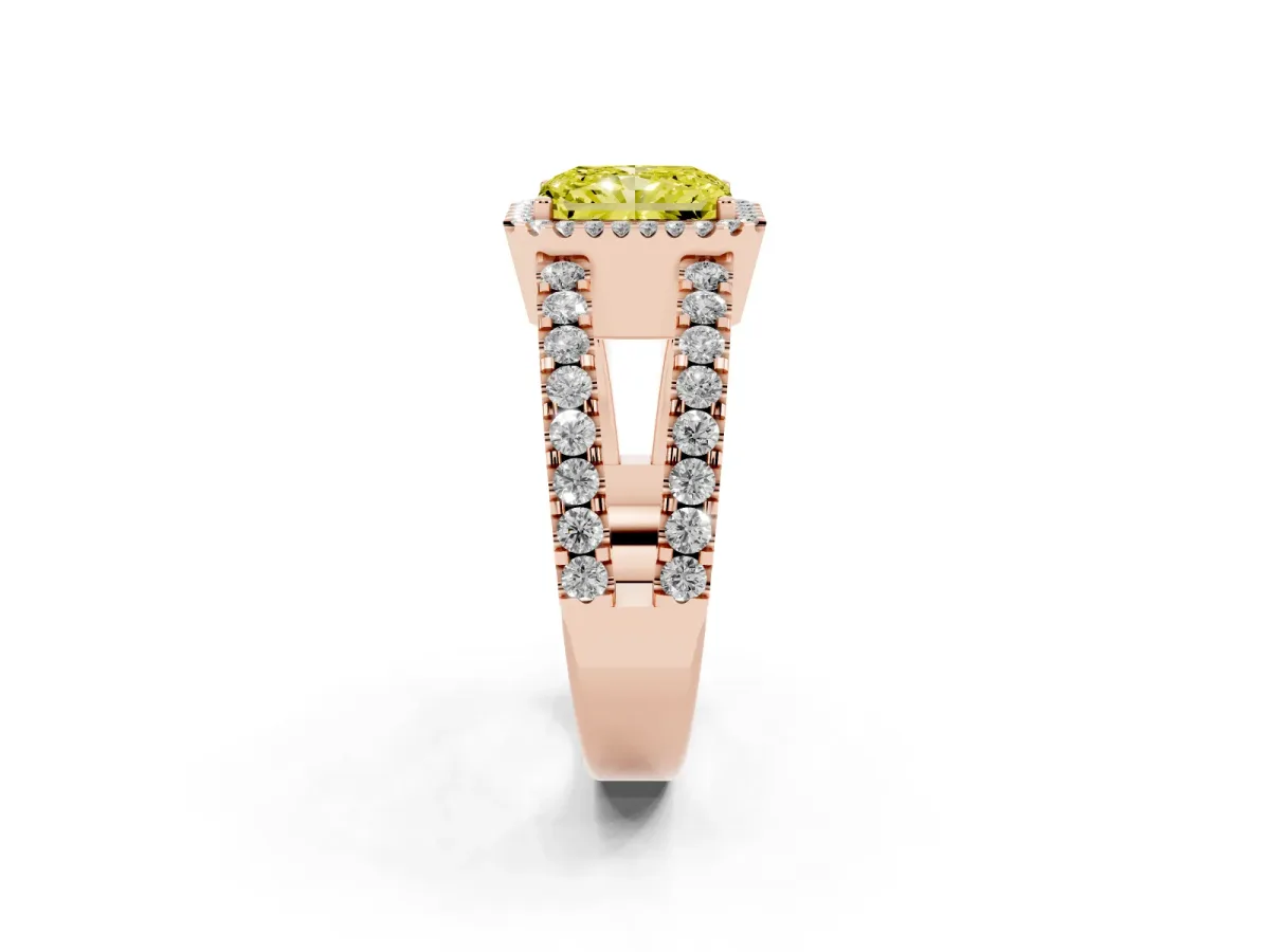 Fancy Yellow Radiant Cut Cut Halo Split Shank Diamond Ring with Four-Prong Setting Rose gold