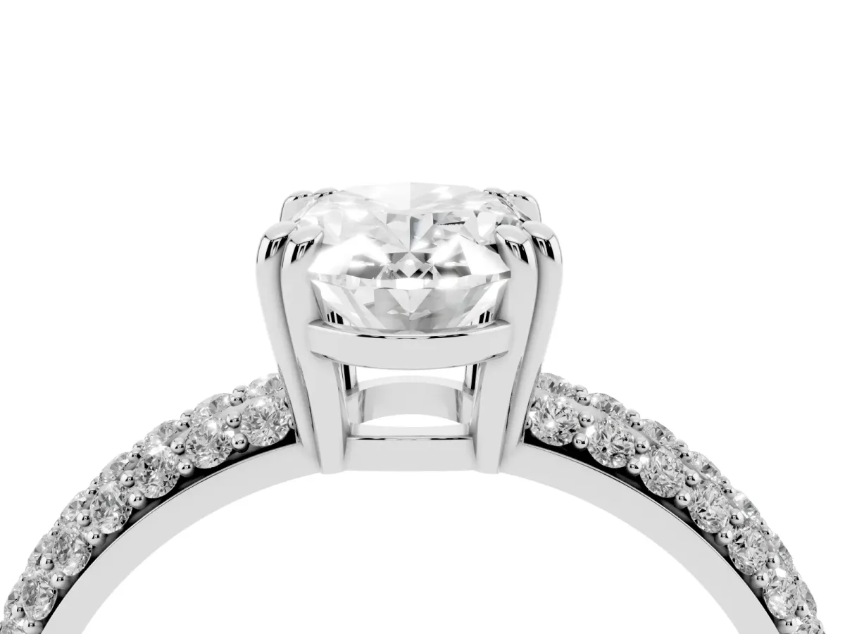 Oval Cut Diamond Solitaire Ring with Multi-Row Round Pavé Band and Prong Setting Silver