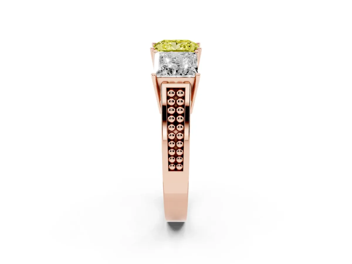 Fancy Yellow Princess Cut Diamond Three-Stone Ring with Prong Setting and Textured Band Rose gold