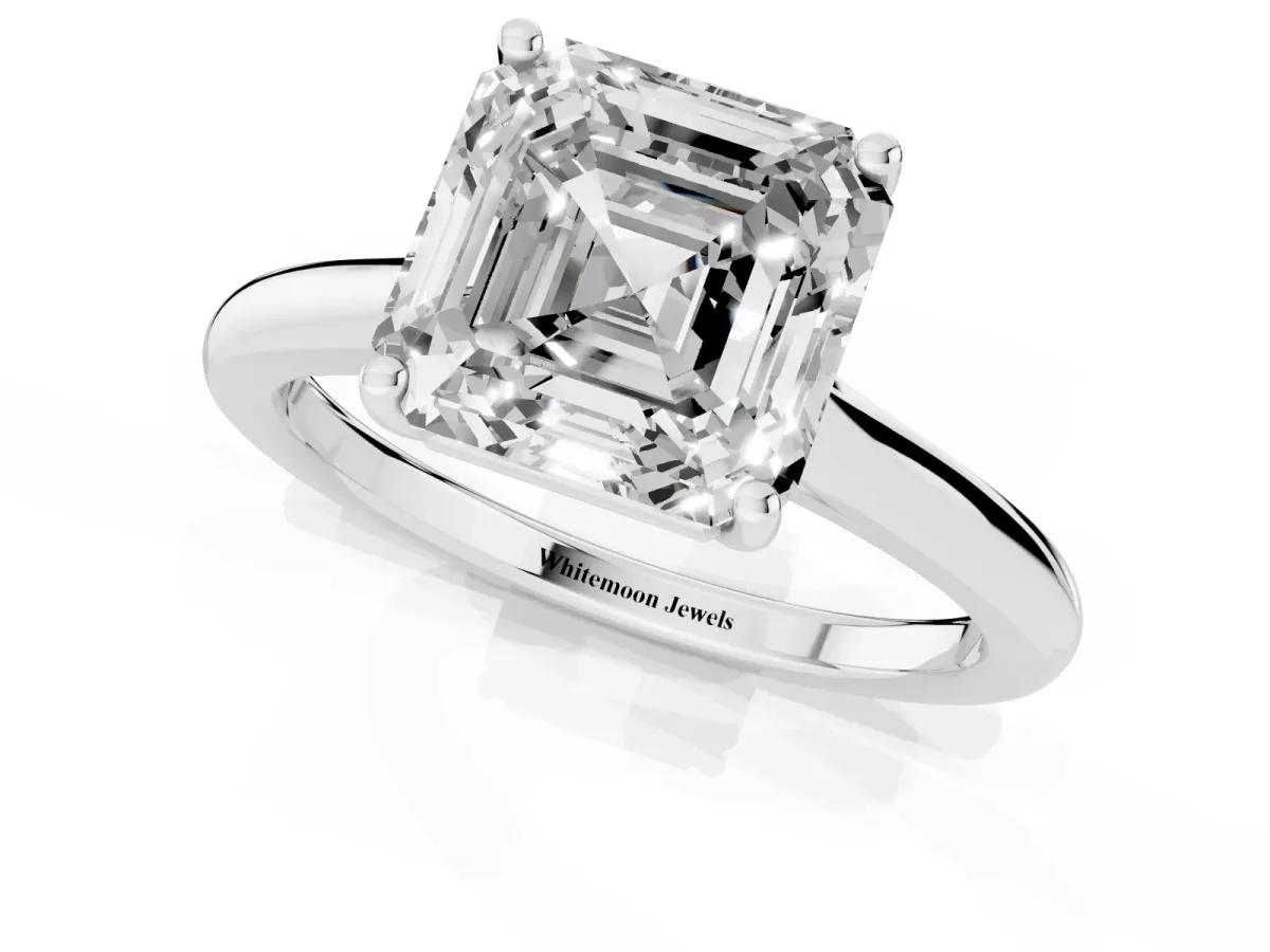 Asscher Cut Cut Solitaire Ring with Cathedral Band and Four-Prong Setting Silver